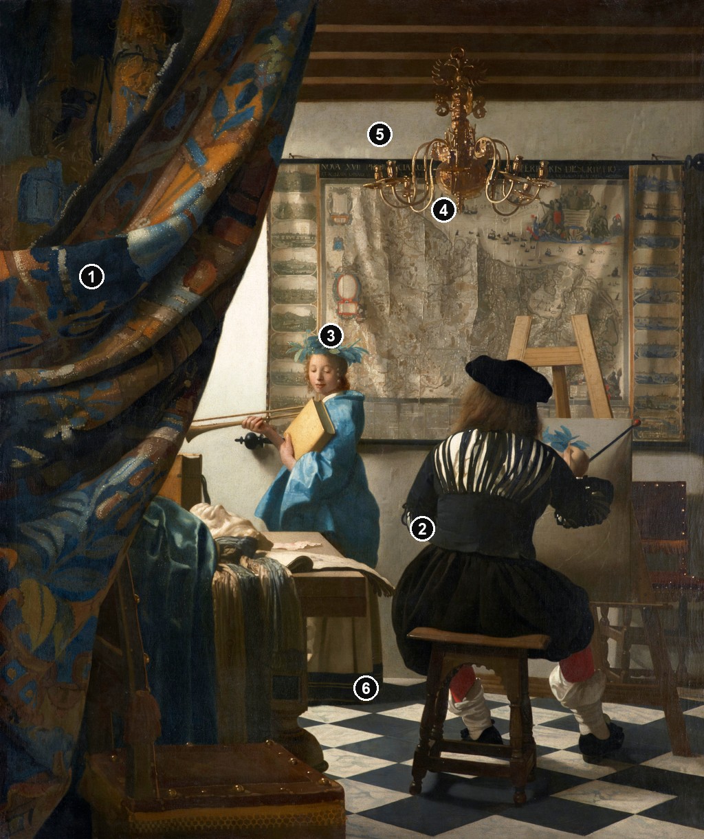 Annotated details from The Art of Painting by Johannes Vermeer